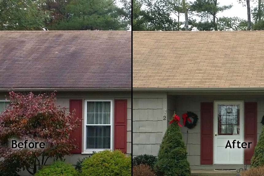 Before and after photo of roof cleaning service in Raleigh