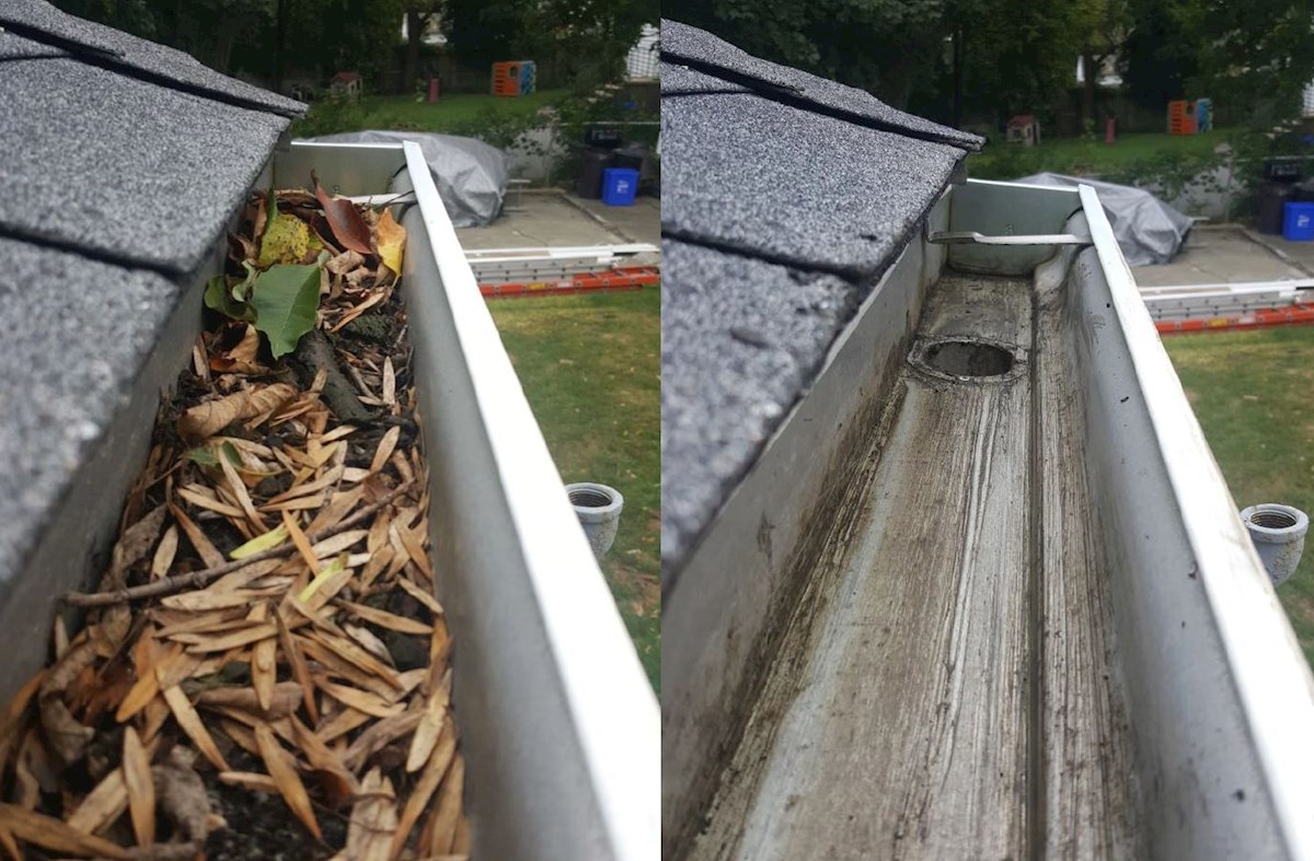 Before and after photos of gutters cleaned by P2 Pressure Washing