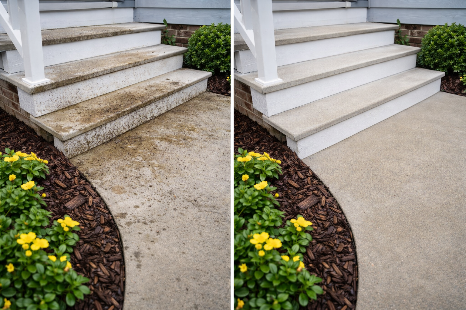Muddy splash-zone stains on porch steps and concrete walkway next to a mulch bed, then clean concrete after pressure washing in Raleigh, NC