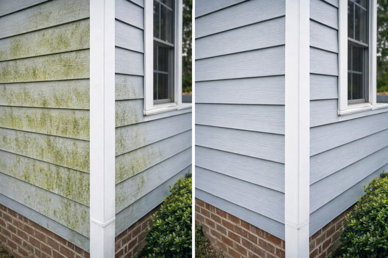 Before : Green algae on shaded vinyl siding in Raleigh and After:Siding cleaned with soft washing in Raleigh NC