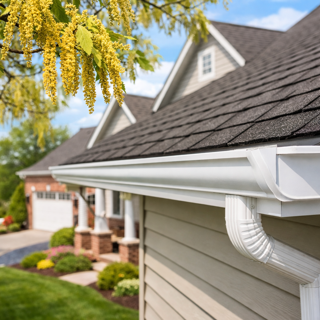 Clean gutter line on a Raleigh home during spring pollen season
