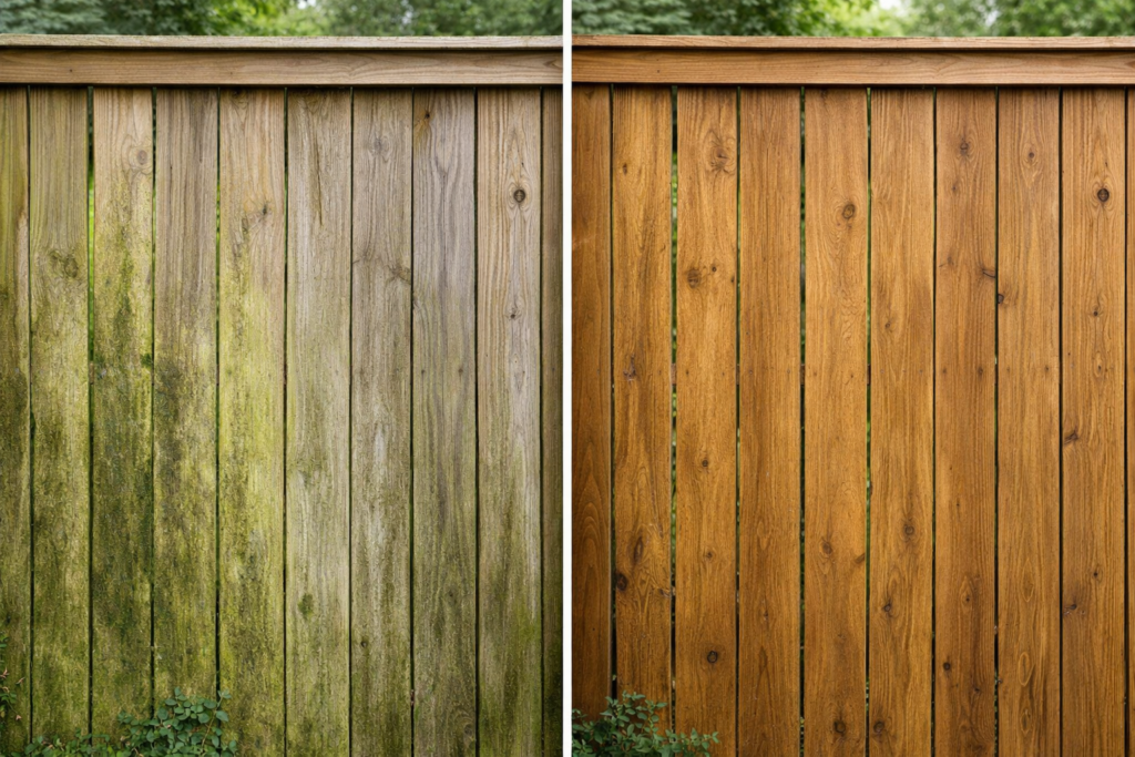 image showing a wood privacy fence before cleaning with green algae/mildew discoloration and after cleaning with natural wood color restored, Raleigh, NC.