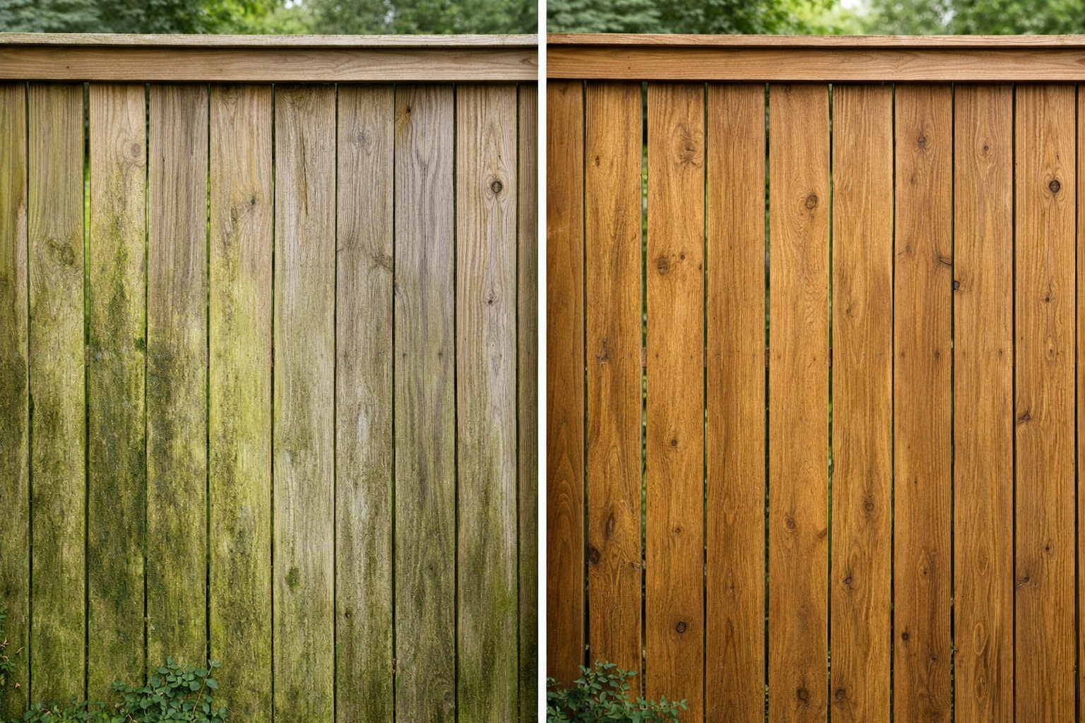 image showing a wood privacy fence before cleaning with green algae/mildew discoloration and after cleaning with natural wood color restored, Raleigh, NC.