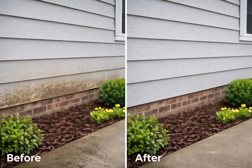 Before/after: storm splashback stains on the bottom of vinyl siding, then clean siding after soft washing in Raleigh ,NC