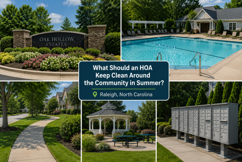 Clean community pool deck after pressure washing in Raleigh NC