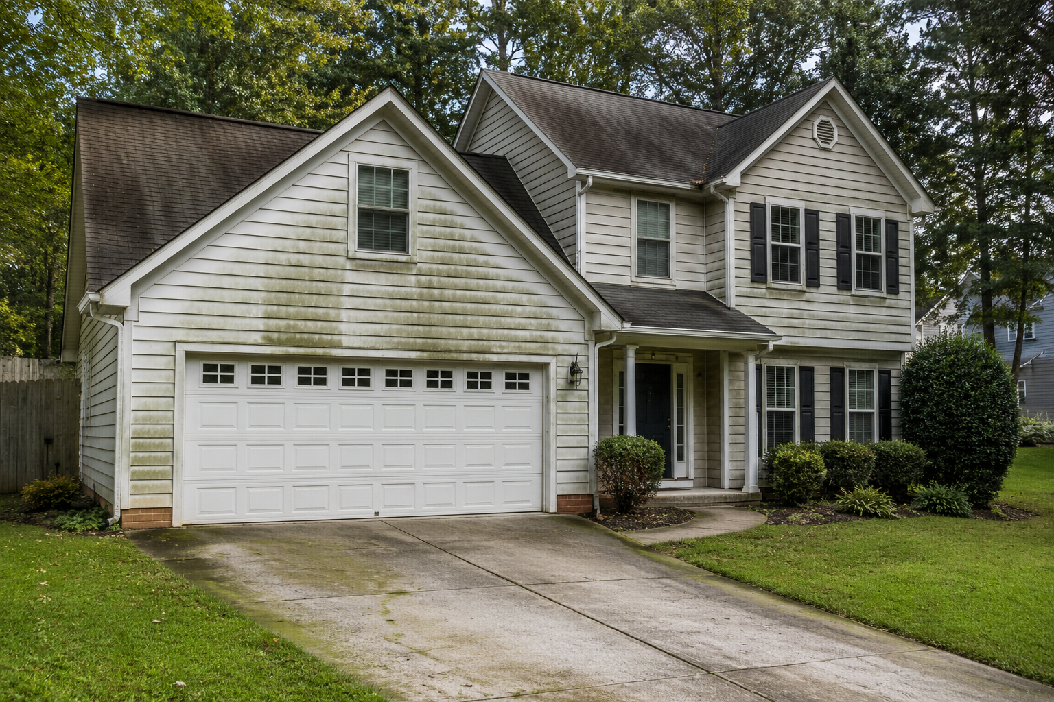 Summer-algae-and-staining-on-a-home-exterior-in-Raleigh